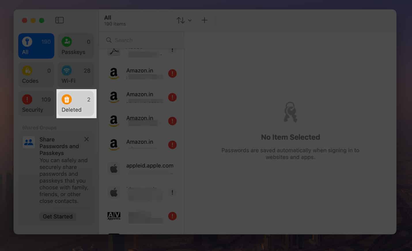 Open Passwords app on Mac enter passcode or Touch ID and select Deleted option.