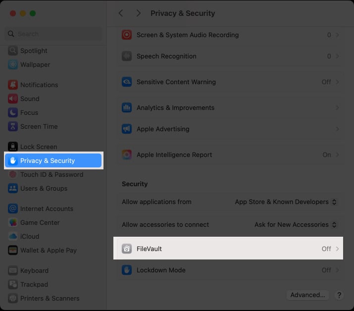 Accessing the FileVault option in macOS System Settings.