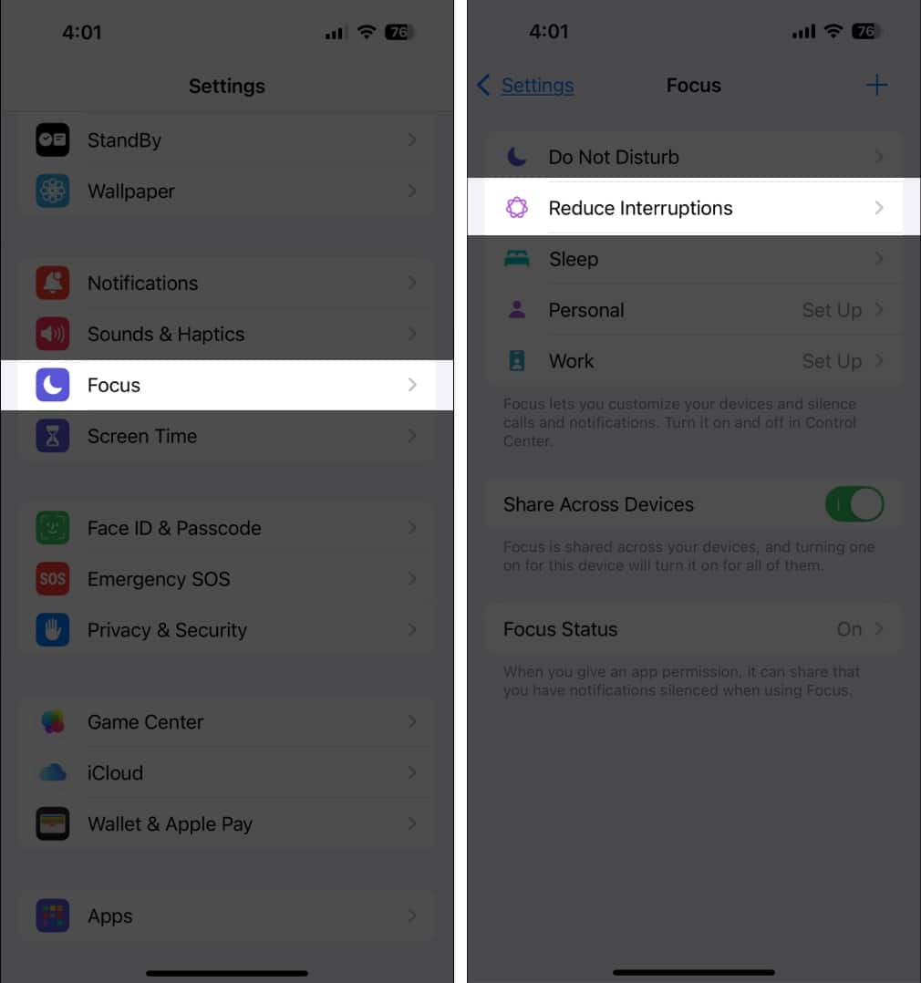 Accessing the Reduced Interruptions Focus mode in iPhone Settings app.