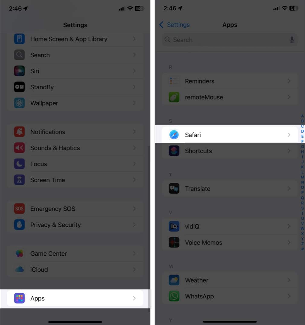 Open Settings on iPhone go to Apps and select Safari.