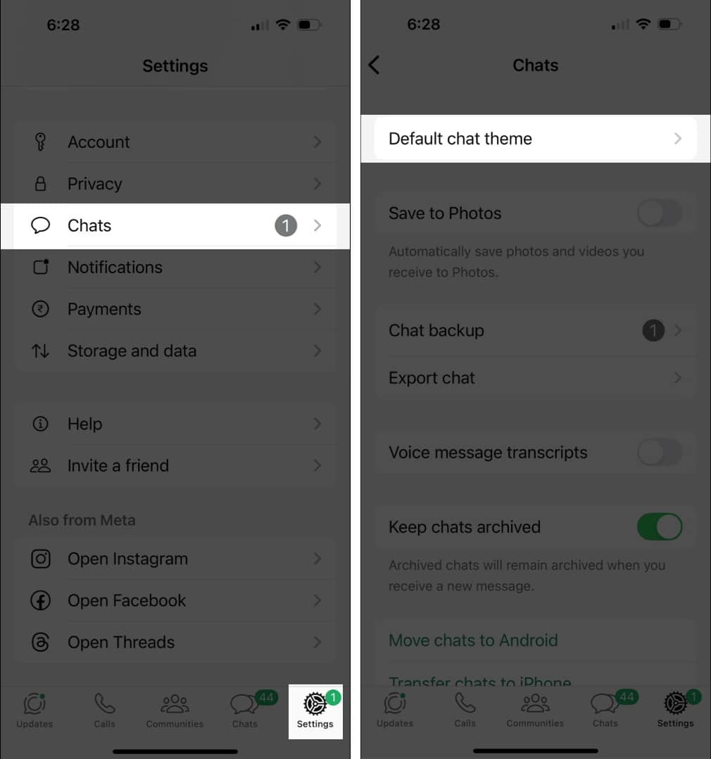 Open WhatsApp go to Settings Chats and tap on Default Chat Theme.