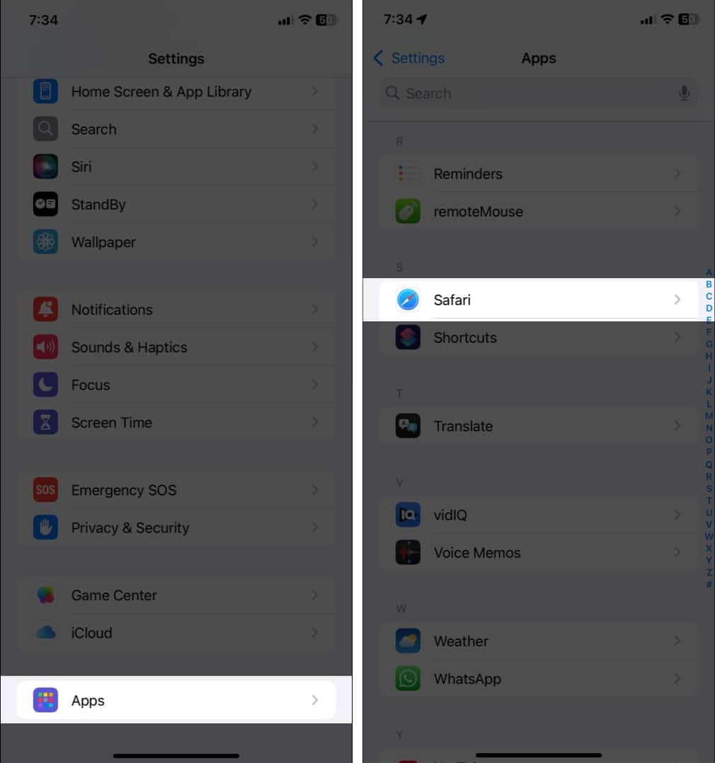 Open iPhone Settings tap on Apps and Safari.
