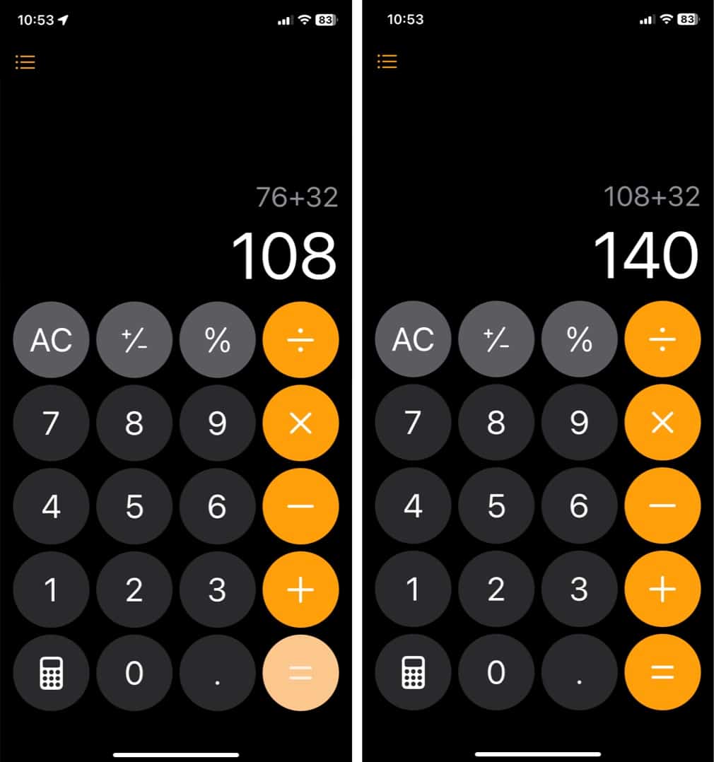 Repeat last mathematical operation in Calculator app on iPhone.