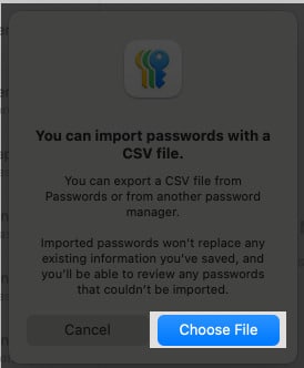 Select Choose File and upload the exported CSV.