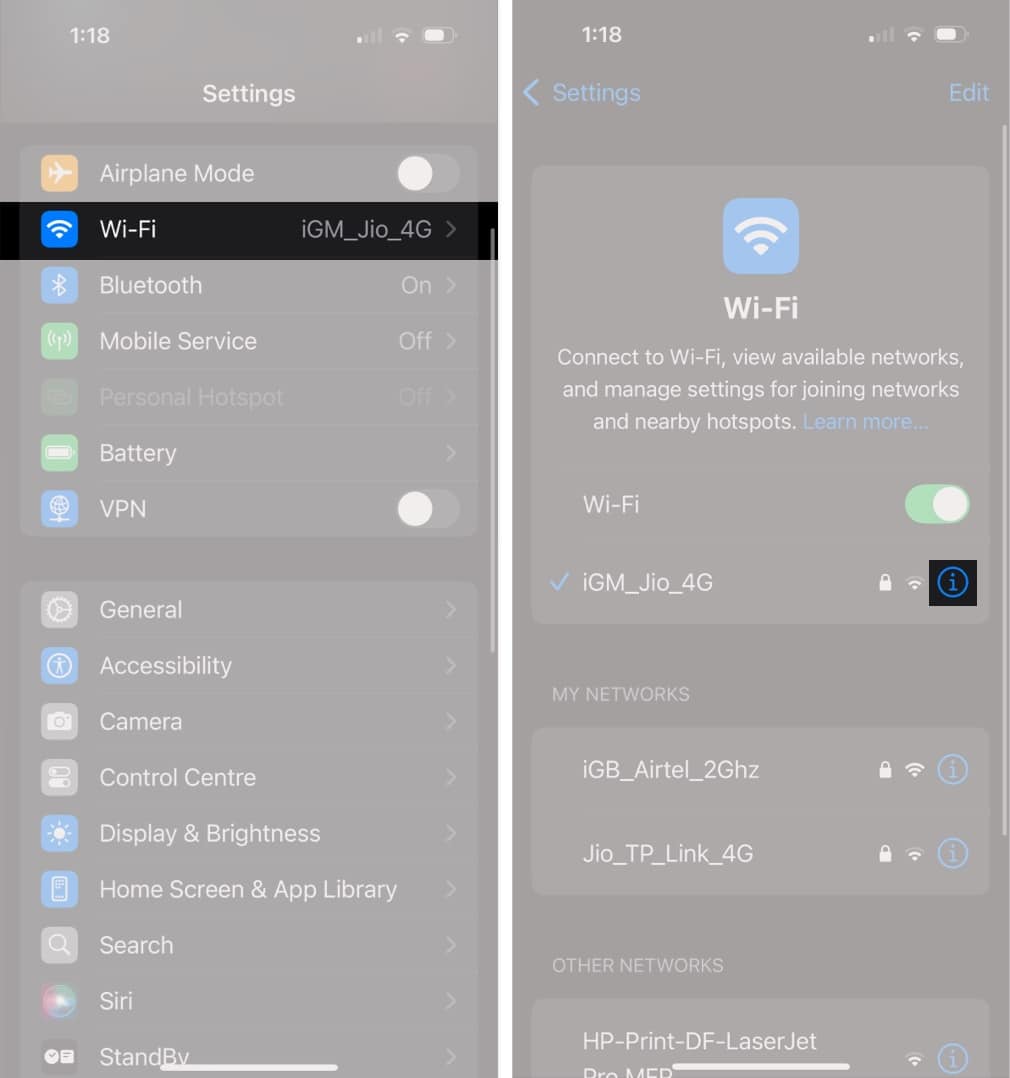 Accessing settings of the connected Wi-Fi network.