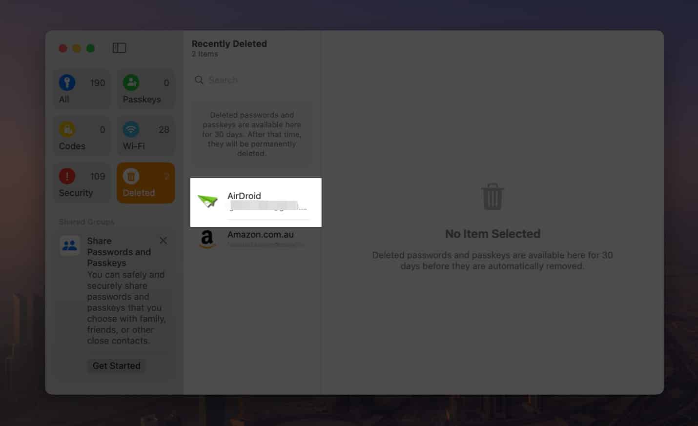 Select account credential to restore from the Deleted option.