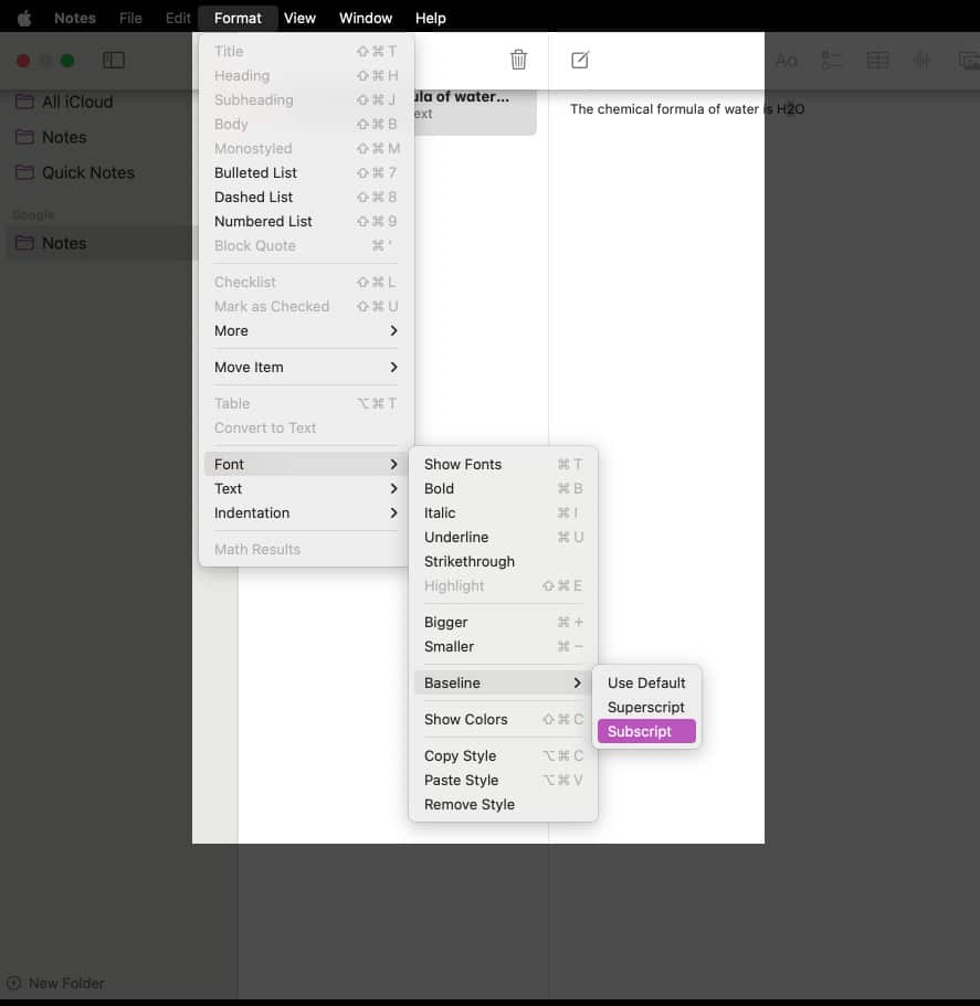 Select text in Notes app go to Format Font Baseline and choose Superscript or Subscript.
