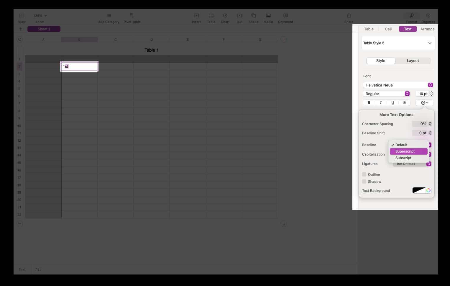 Select text in Numbers click Format Text open Advanced Options and choose Superscript or Subscript from the Baseline menu.