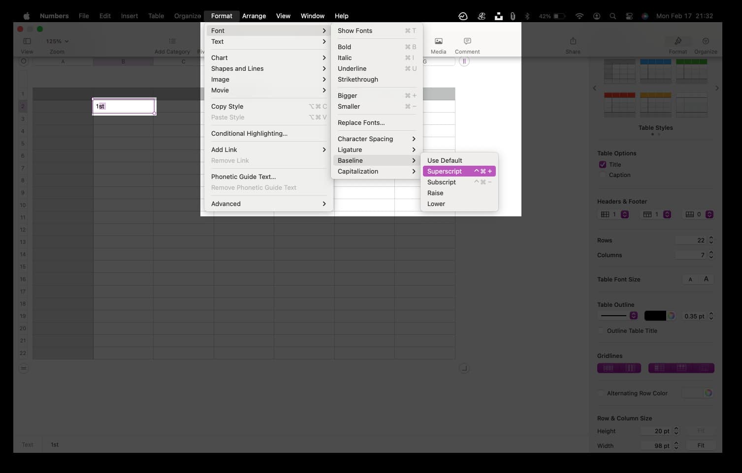 Select text in Numbers go to Format Font Baseline and choose Superscript or Subscript.