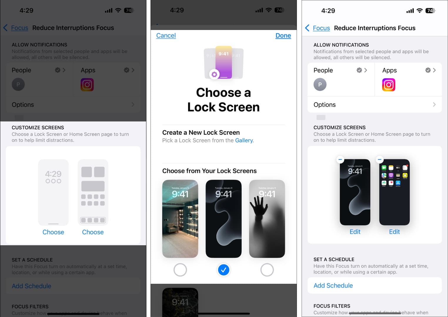 Choosing a Lock Screen and Home Screen for the Reduce Notifications Focus mode.