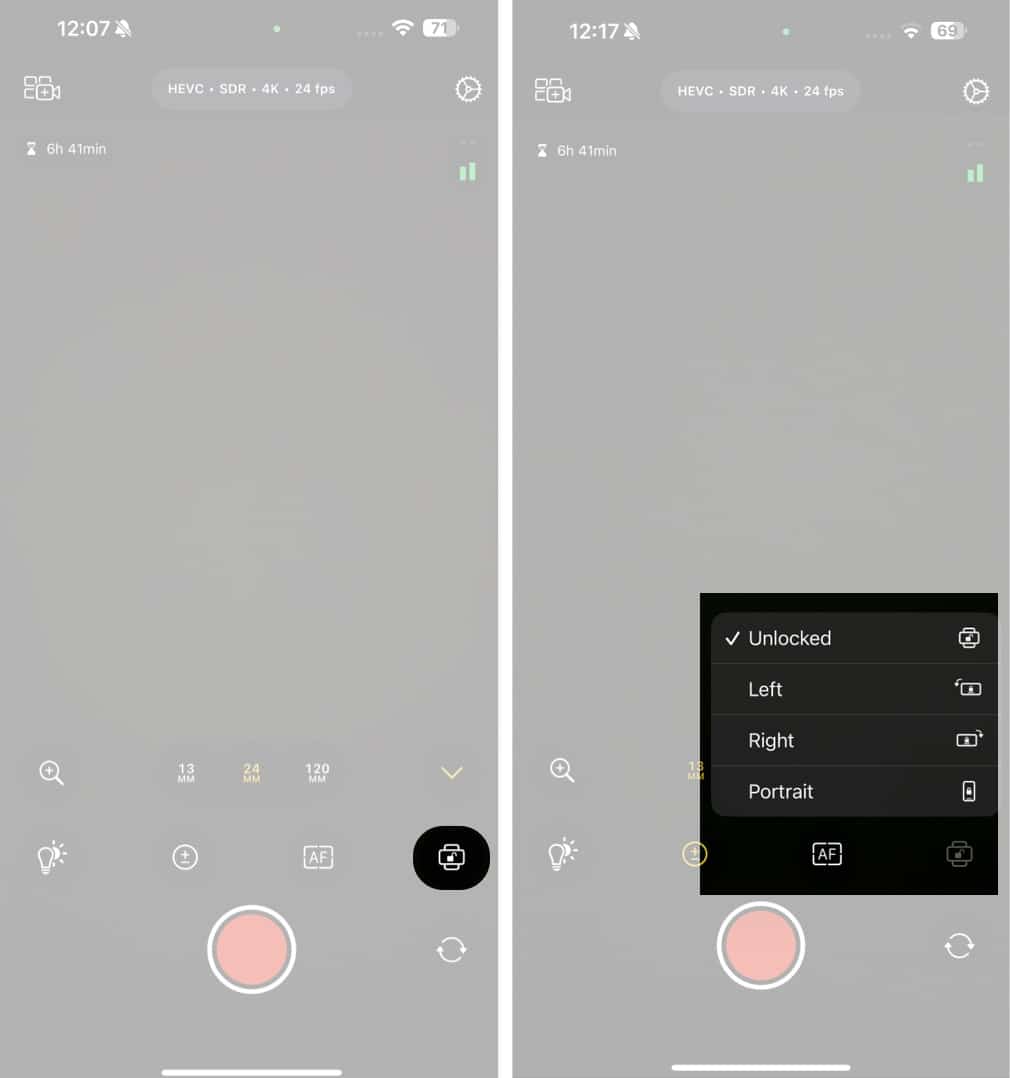 Camera orientation options in Final Cut Camera app.