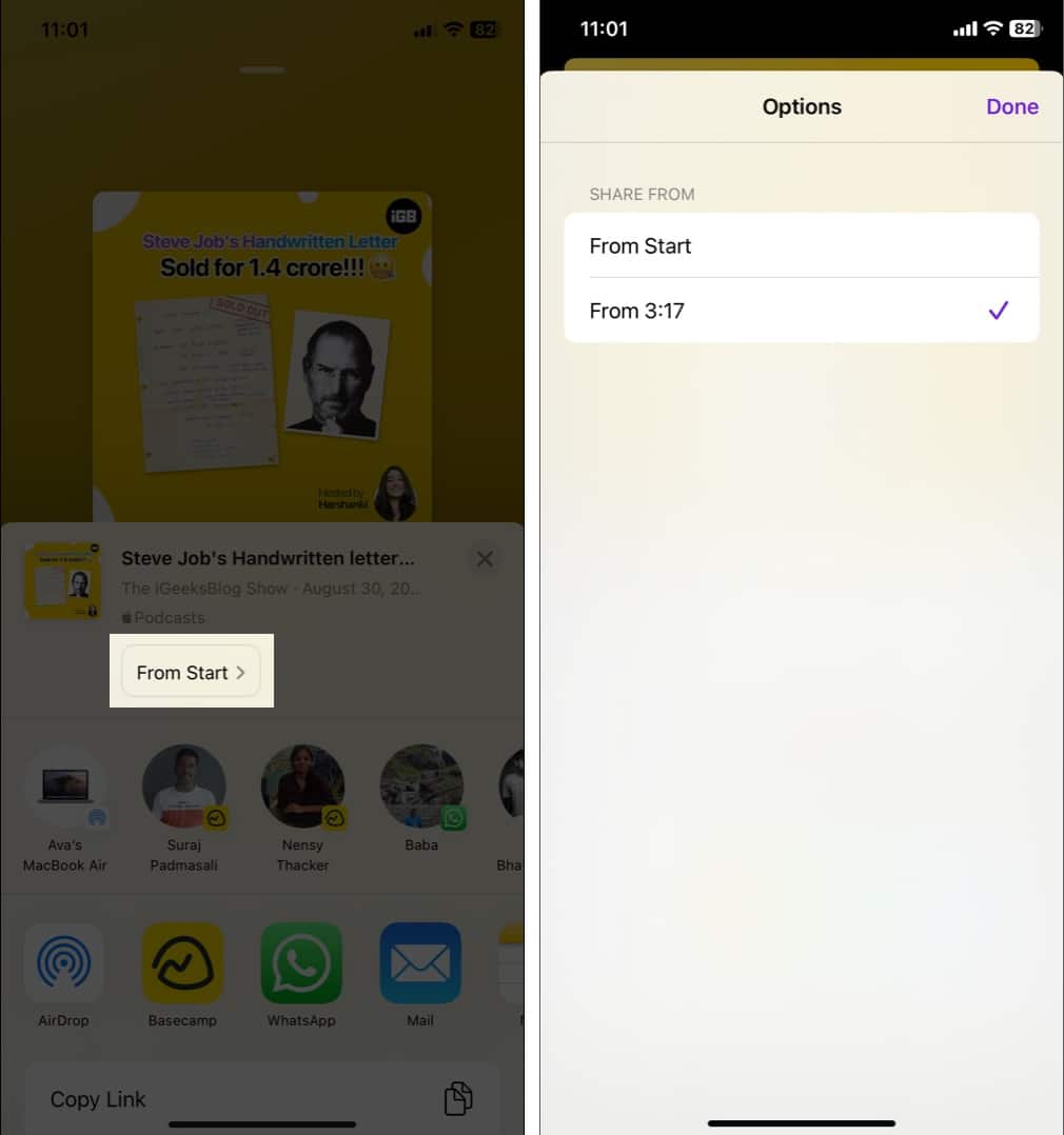 Share specific section of Podcast on iPhone.
