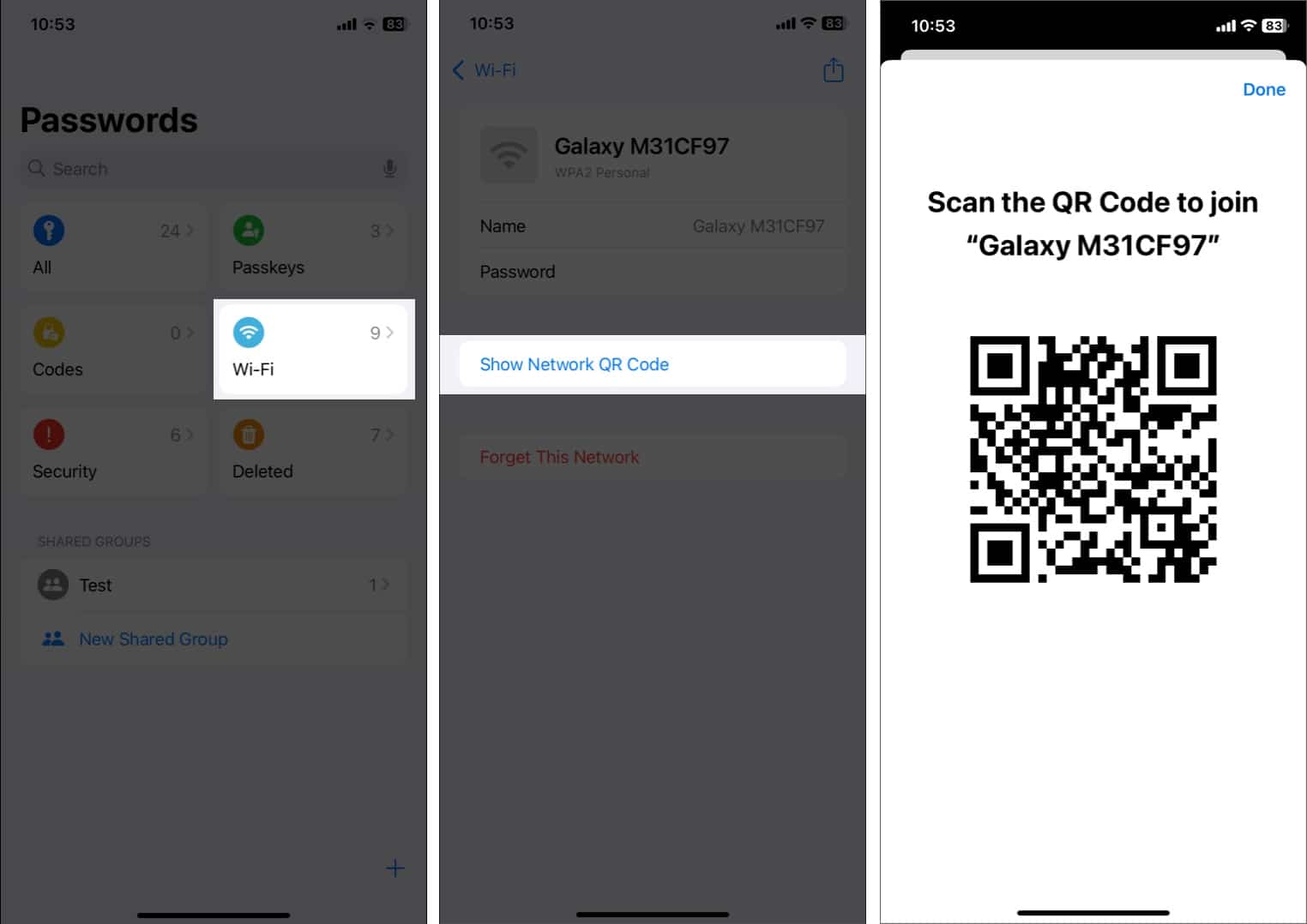 Share your WiFi password easily through QR code on iPhone.