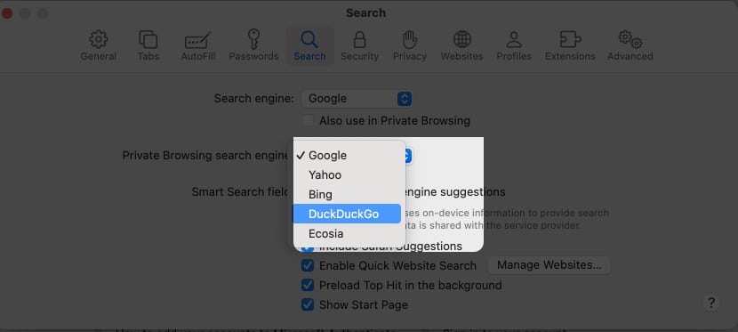 Steps to change the default search engine for private browsing in Safari on Mac.