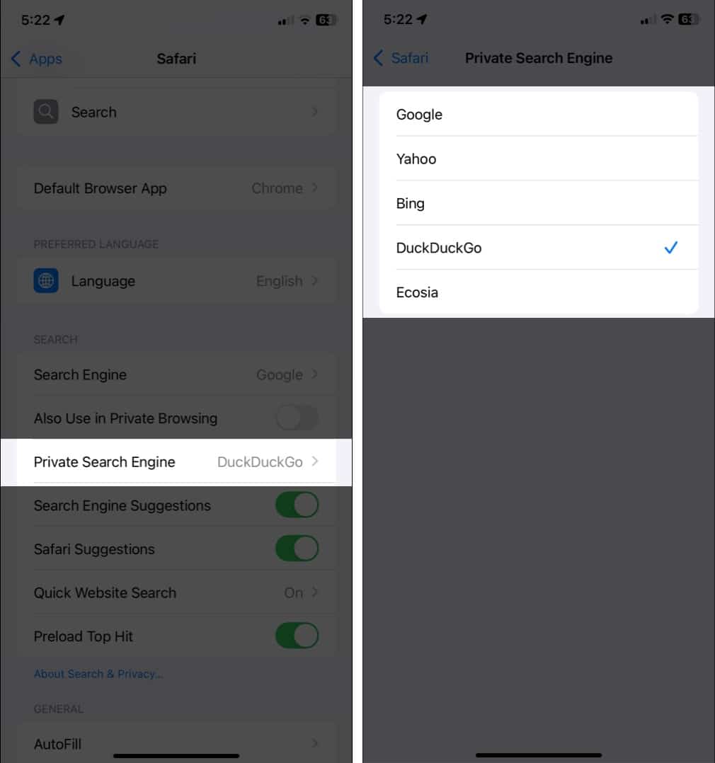 Steps to change the default search engine for private browsing in Safari on iPhone.