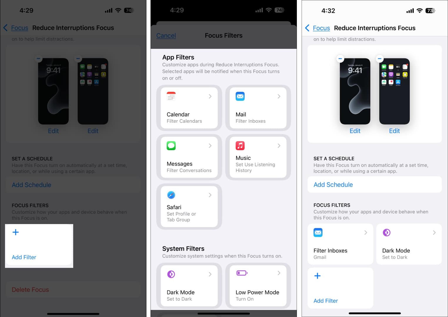 Adding filters for the Reduce Interruptions Focus mode on an iPhone.