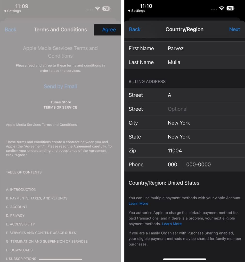 Entering billing details for the new country in iOS Settings app.