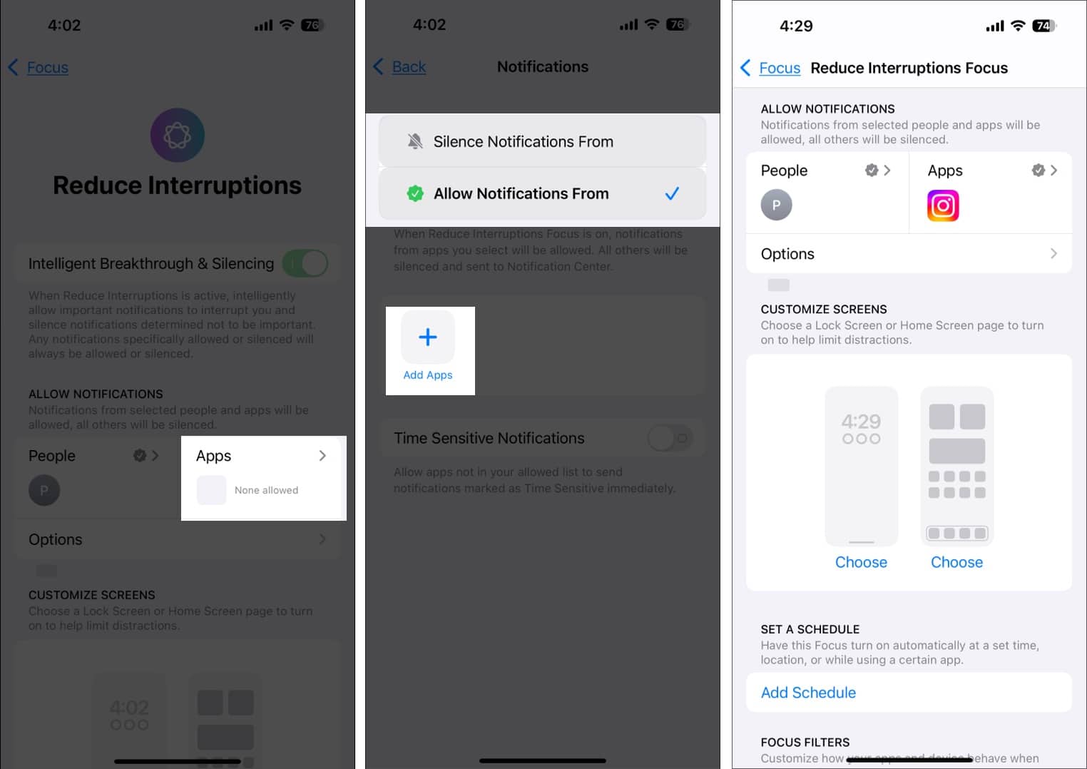 Choosing apps to allow/silence notifications from for the Reduce Interruptions Focus mode.