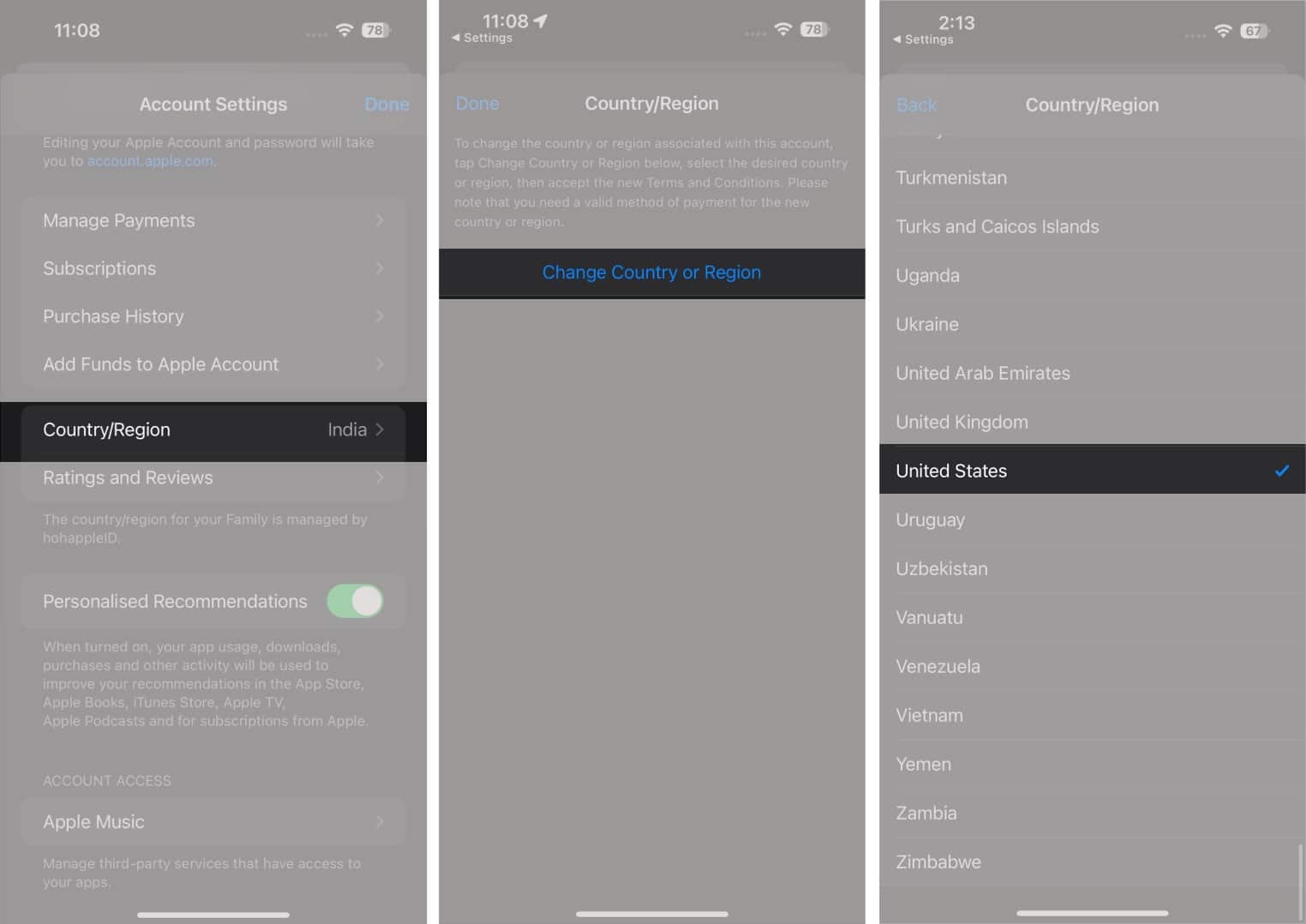 Selecting a country on the Country/Region page in iOS Settings app.