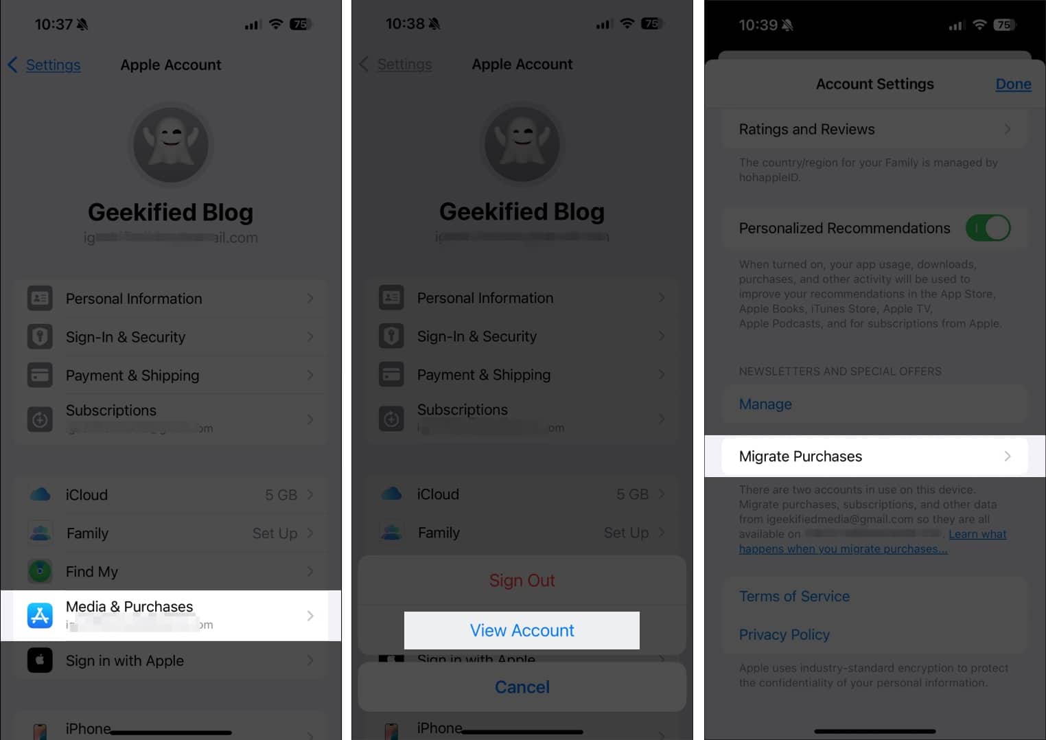 Accessing Migrate Purchases option in Apple Account Settings page.