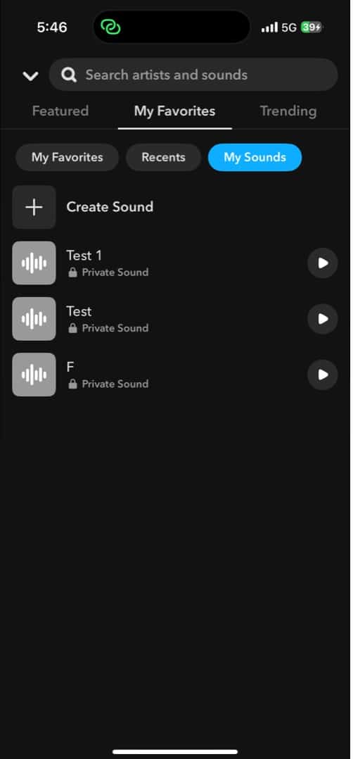 Tap My Favourites in sounds menu to view your saved sounds on Snapchat.