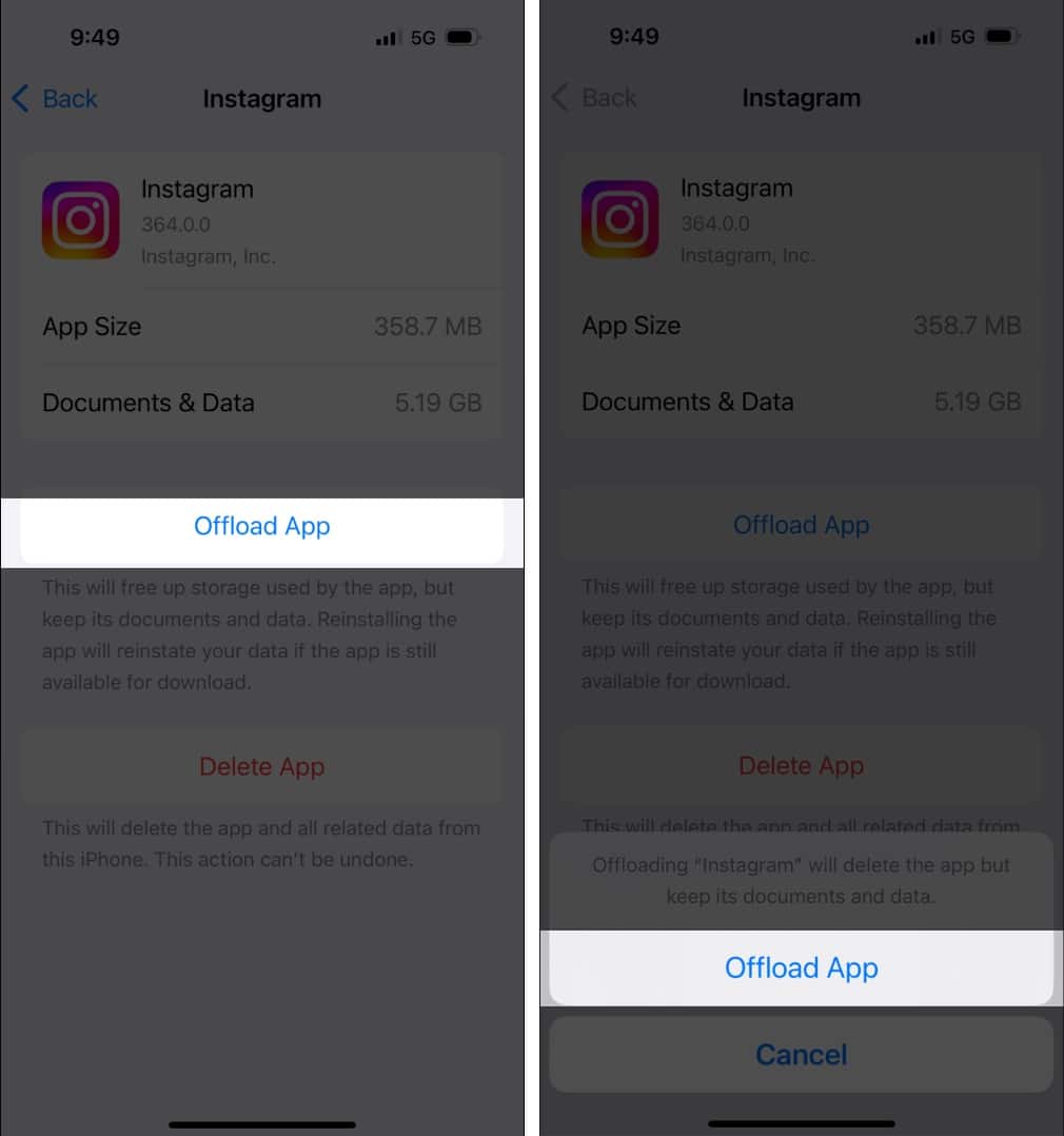 Offloading the selected app from an iPhone.