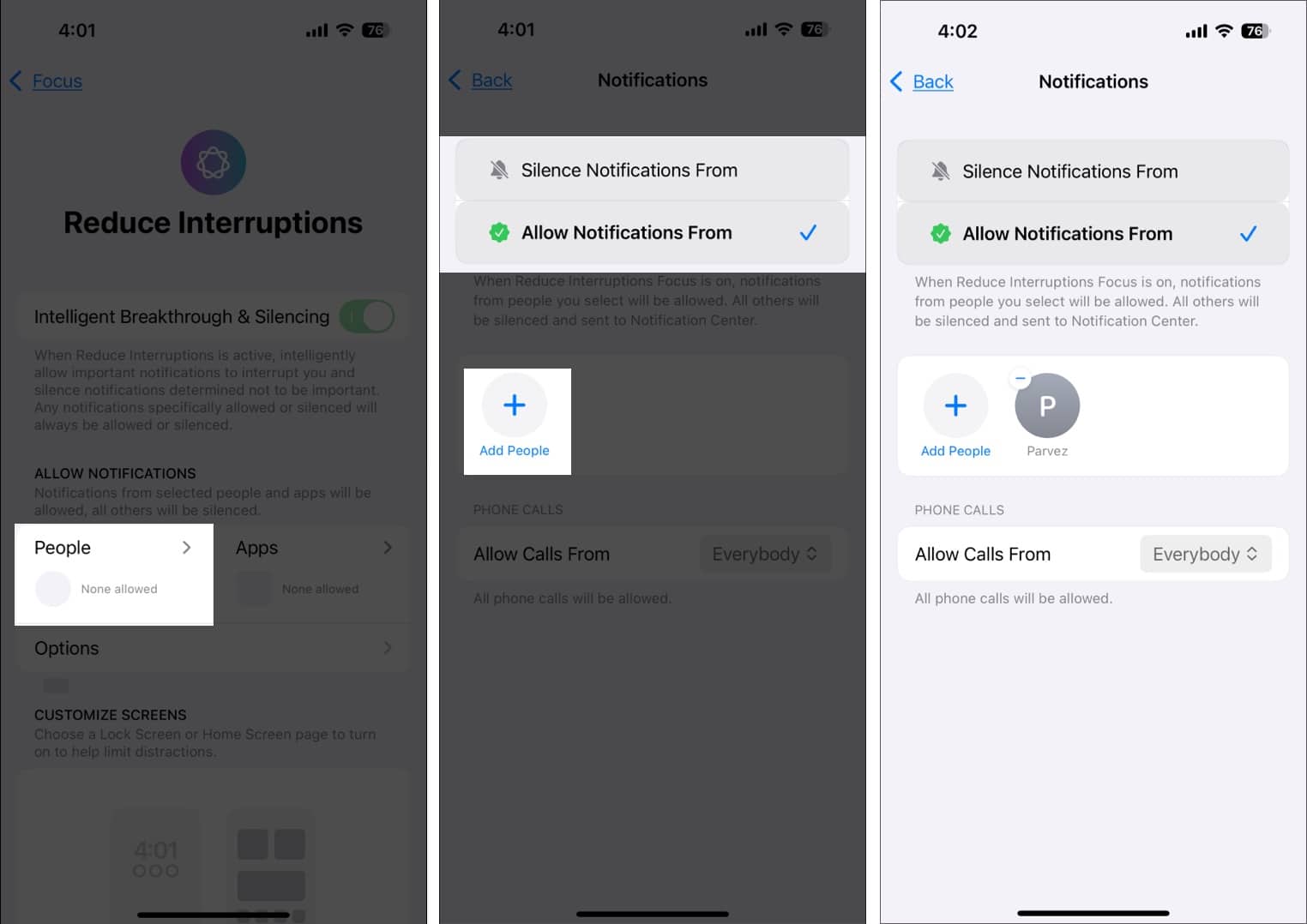 Choosing people to allow/silence notifications from for the Reduce Interruptions Focus mode.