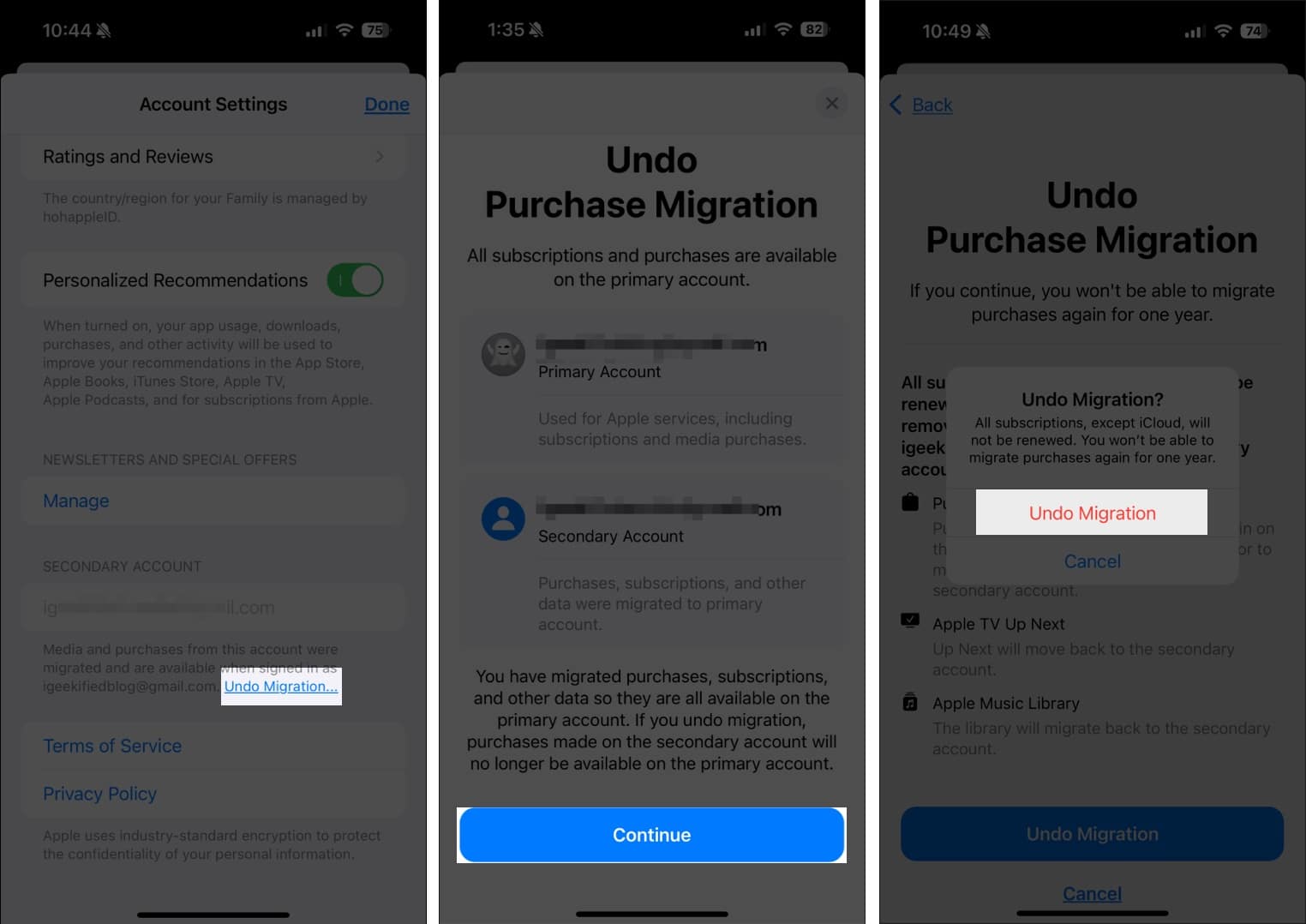 Using the Undo Migration option to undo a recent migration between two Apple Accounts on an iPhone.