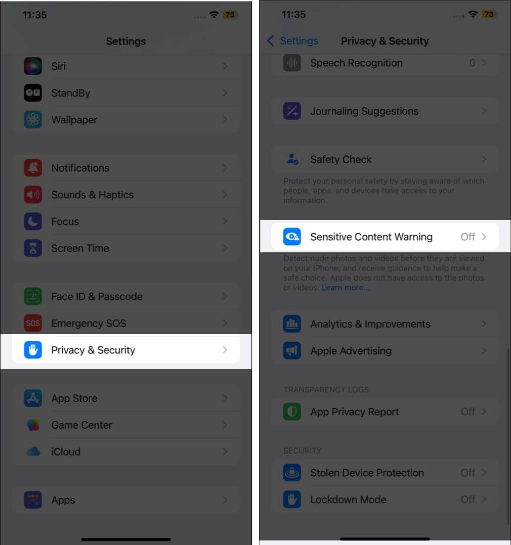 Accessing Sensitive Content Warning settings under Privacy and Security settings on an iPhone.