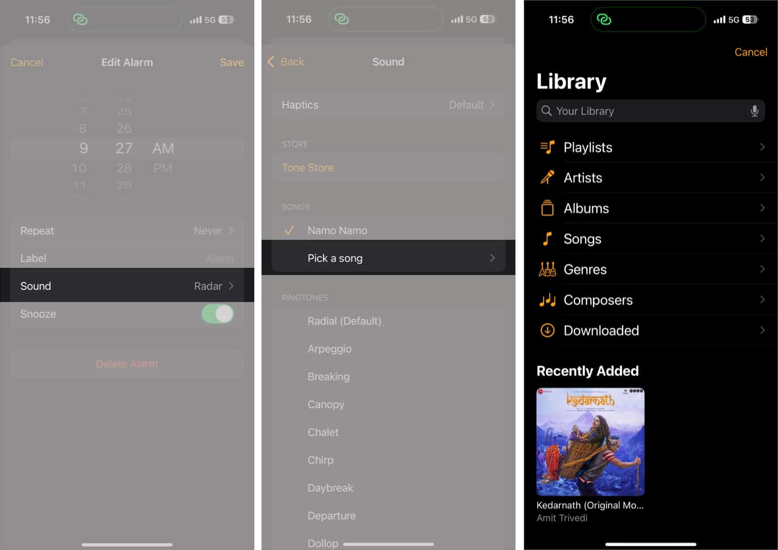 Setting a song as the alarm sound in the iOS Clock app on an iPhone.