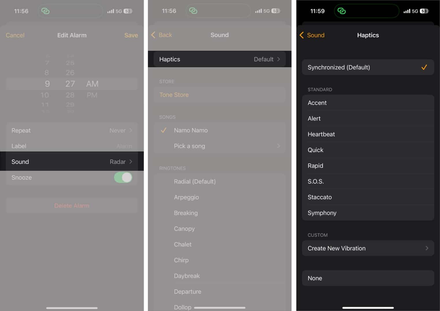 Tap on Sound select Haptics and choose an option from Standard section.