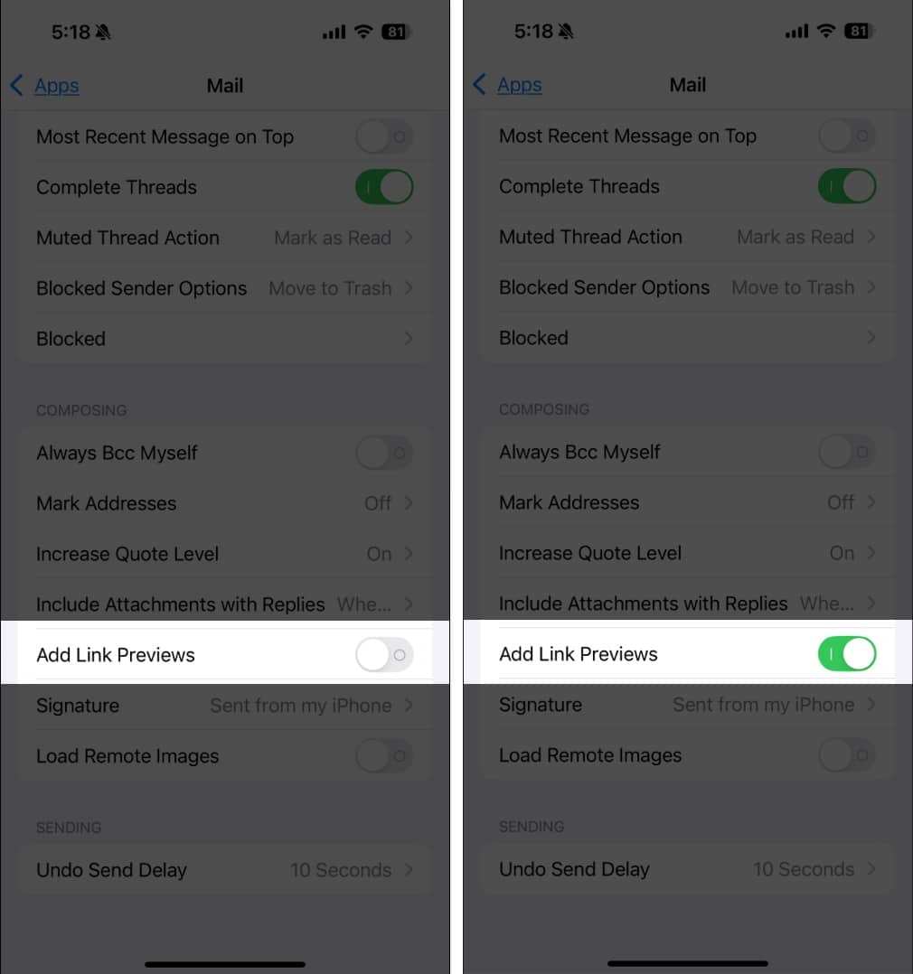 Toggle on Add Link Previews in iOS Mail app Settings.