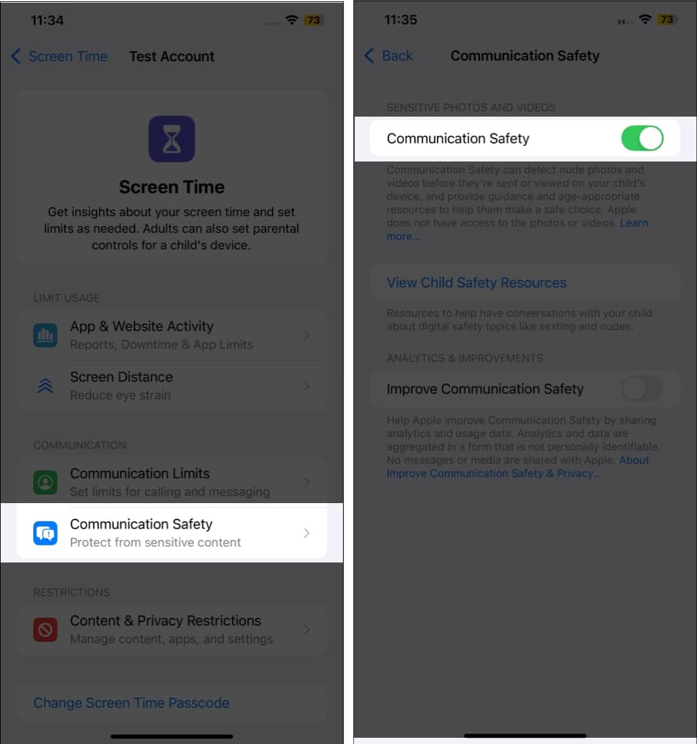 Turning on the Communication Safety feature on an iPhone.