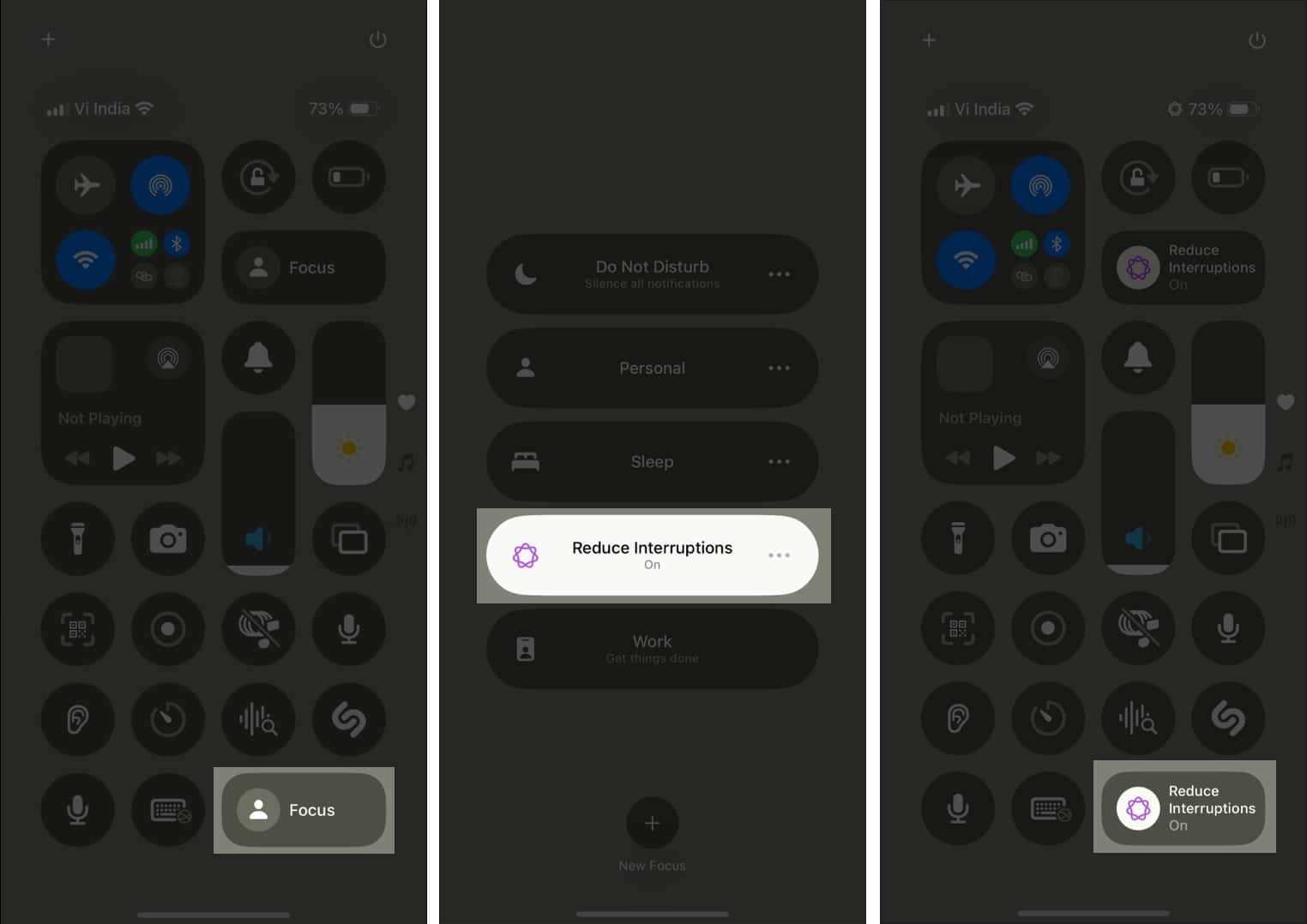 Toggling the Reduce Interruptions Focus mode from the iPhone Control Center.