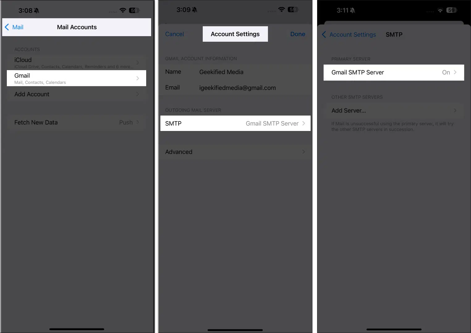 Turn on SMTP From Mail Account Settings