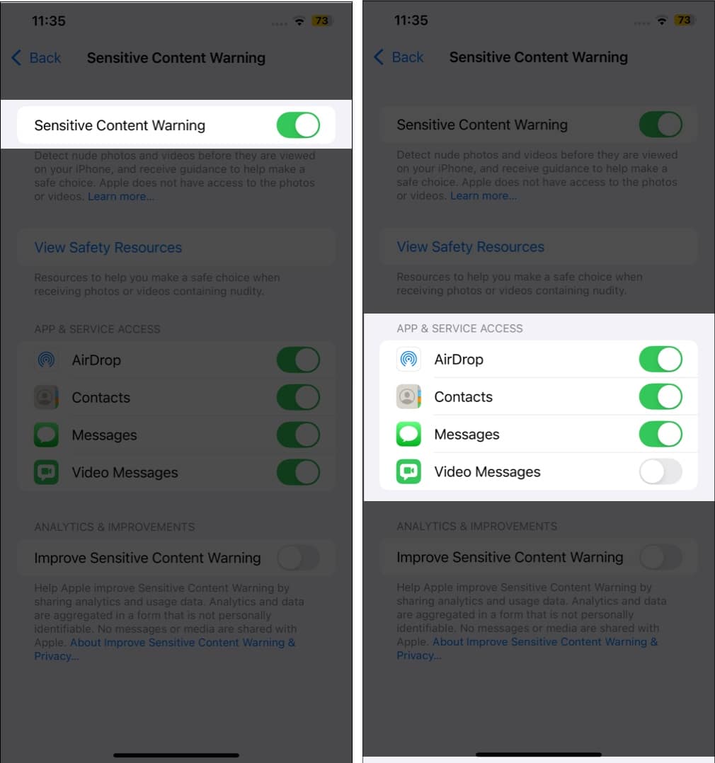Turning on Sensitive Content Warning and toggling it off for specific apps.