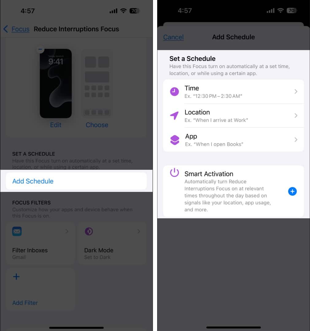Setting up a schedule to automatically turn on the Reduce Interruptions Focus mode on an iPhone.