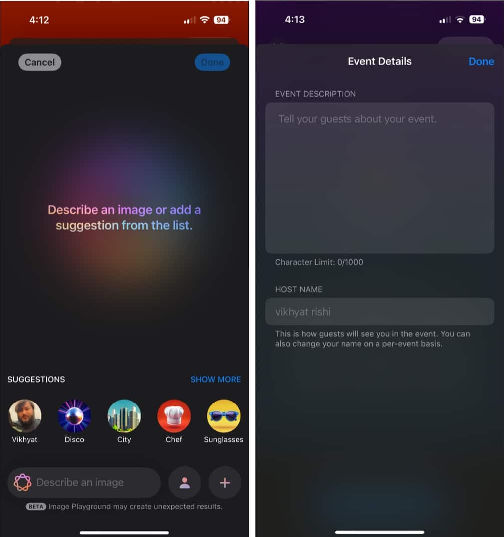 Using Image playground and adding event description in Apple Invites app.