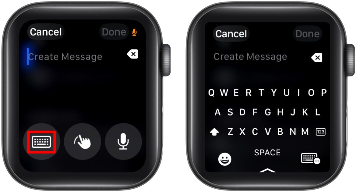Changing input type to QWERTY keyboard on an Apple Watch.
