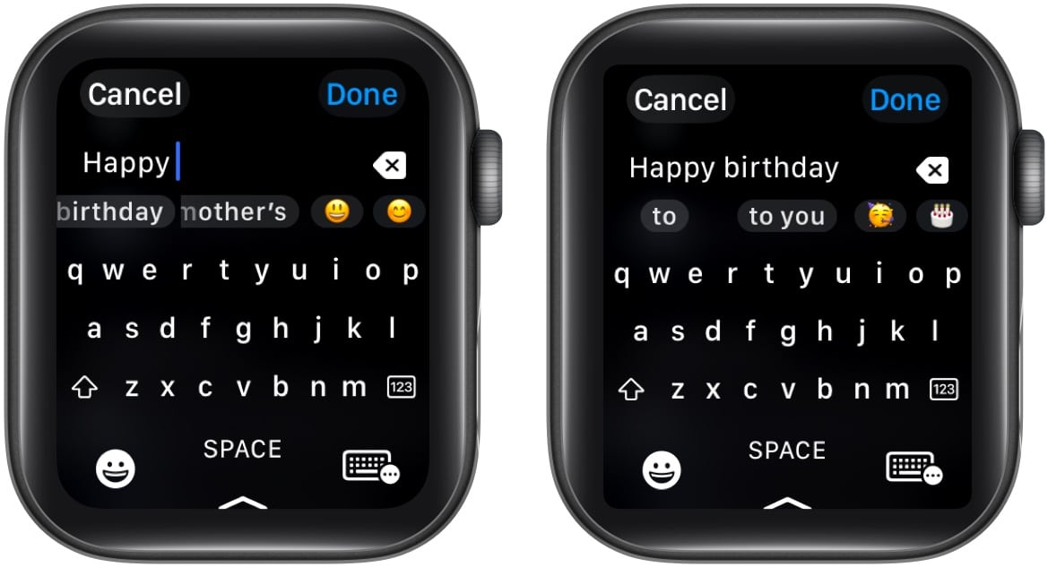Using predictive text suggestions to enter text faster on an Apple Watch.