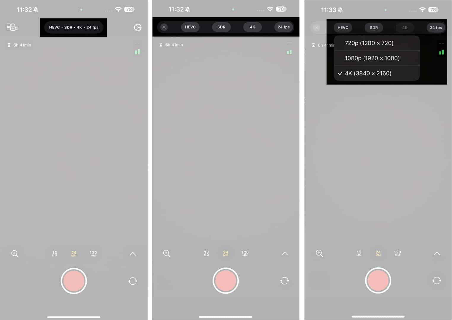 Video recording settings in Final Cut Camera app.