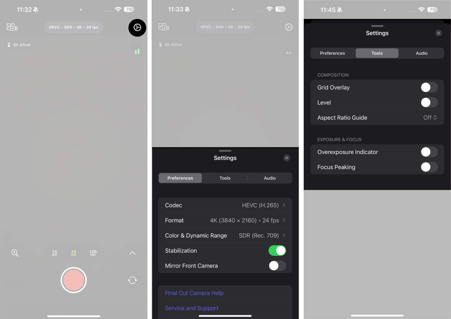 Video recording settings in Final Cut Camera app.