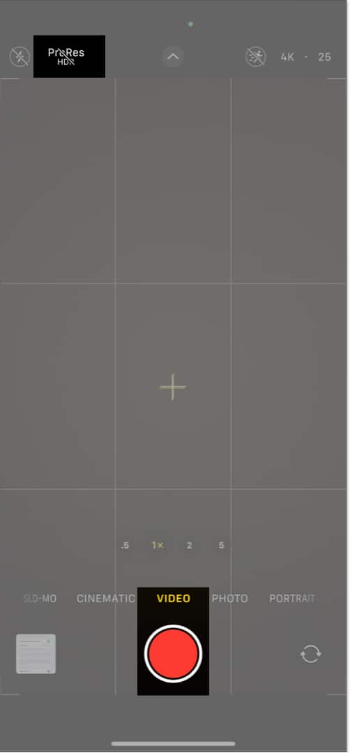 Enabling/disabling ProRes mode in the Camera app on an iPhone.