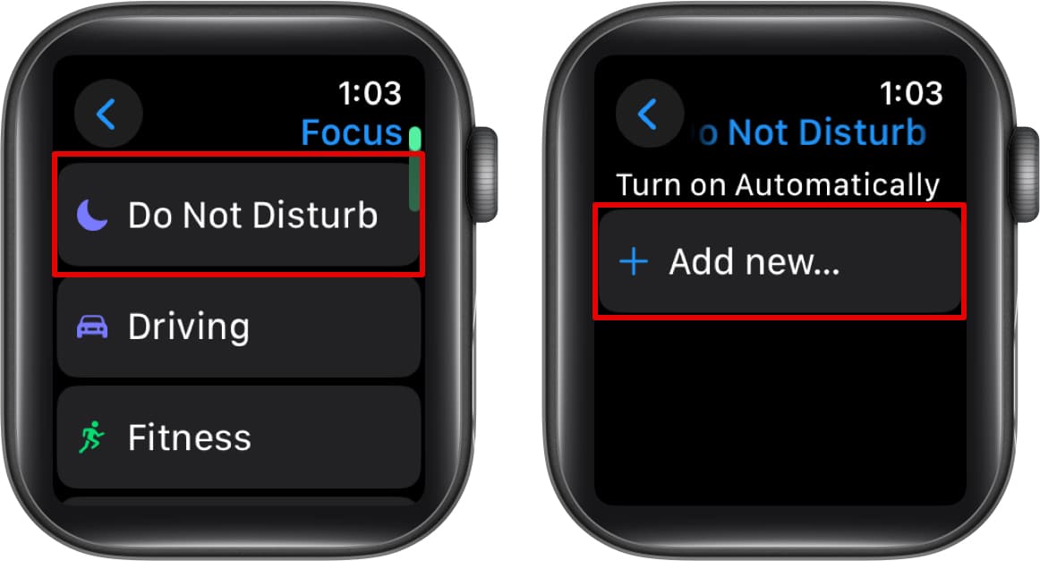 Accessing the Do Not Disturb Focus in watchOS Settings app and creating a new schedule.