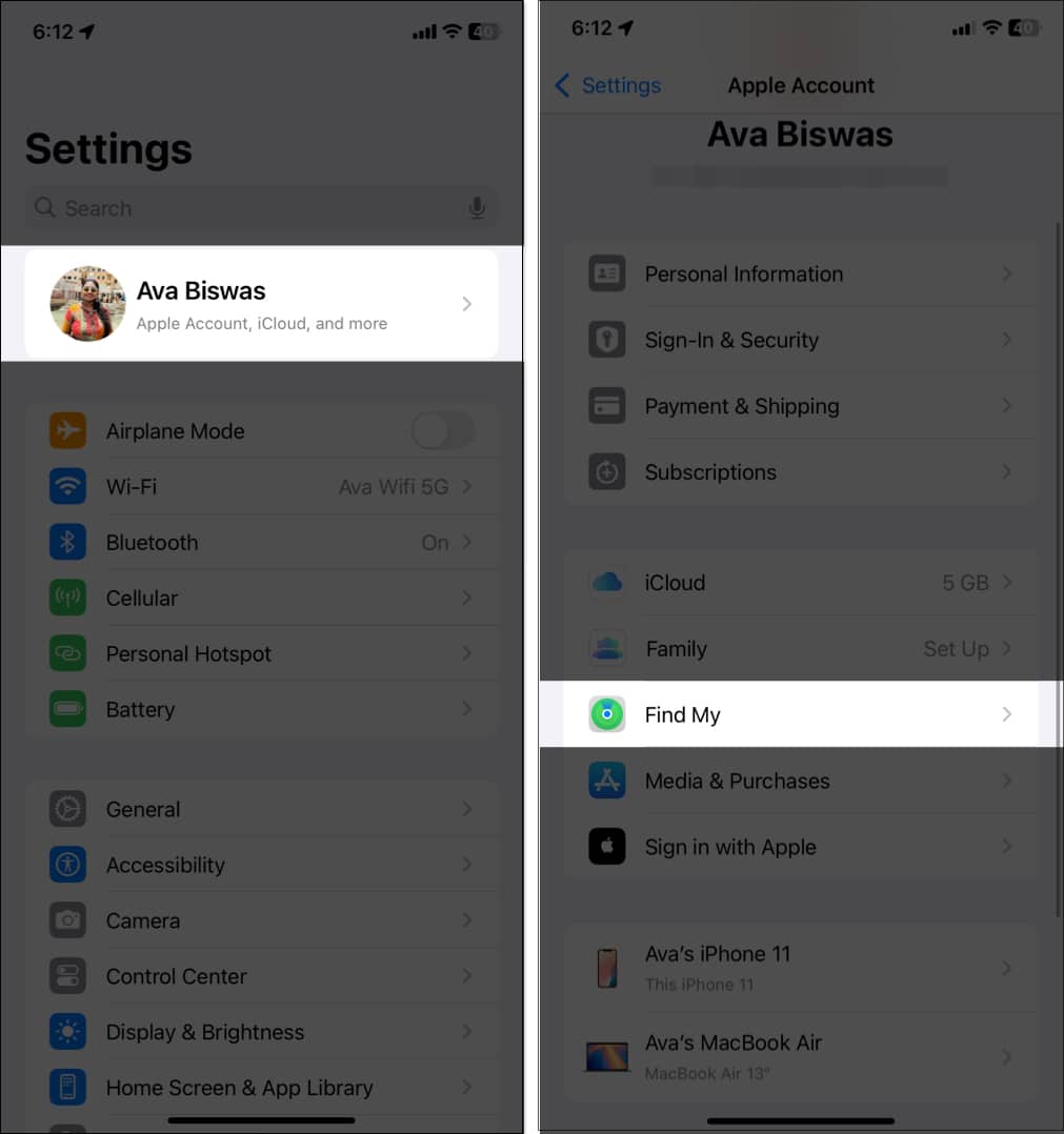 Accessing Find My settings on an iPhone.
