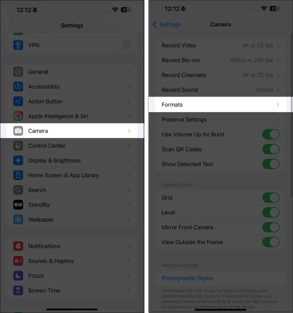 Accessing Formats under Camera settings in iOS Settings app.