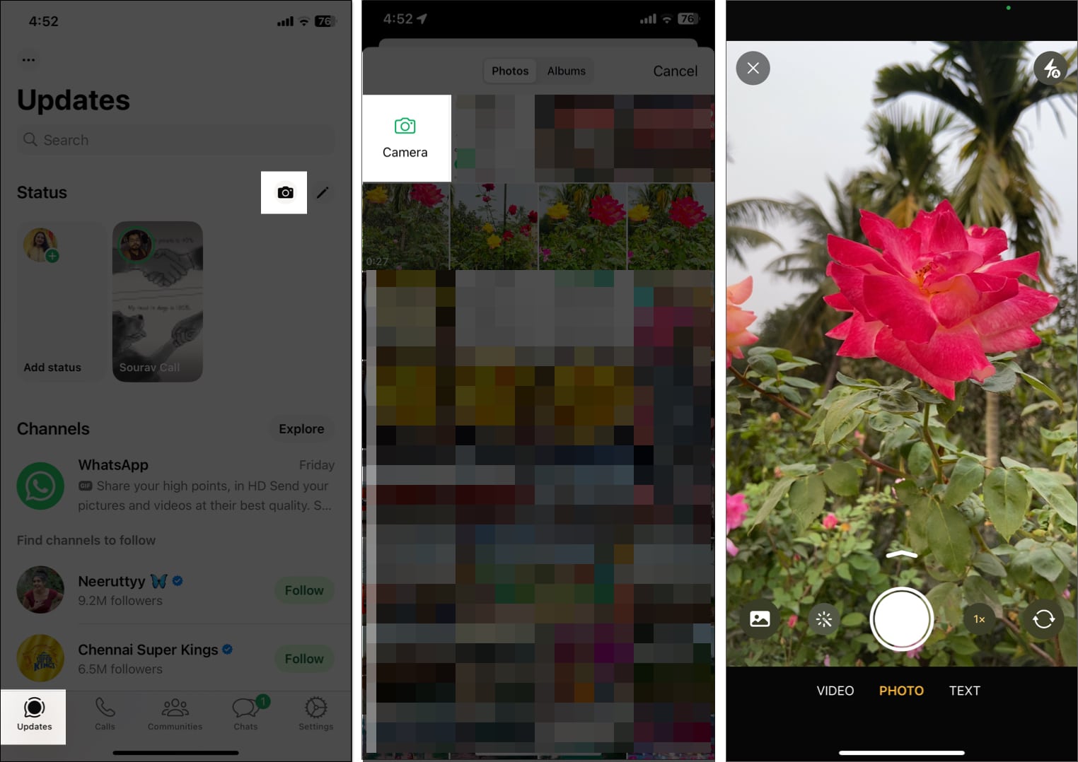 Accessing Updates page on WhatsApp to create new status.