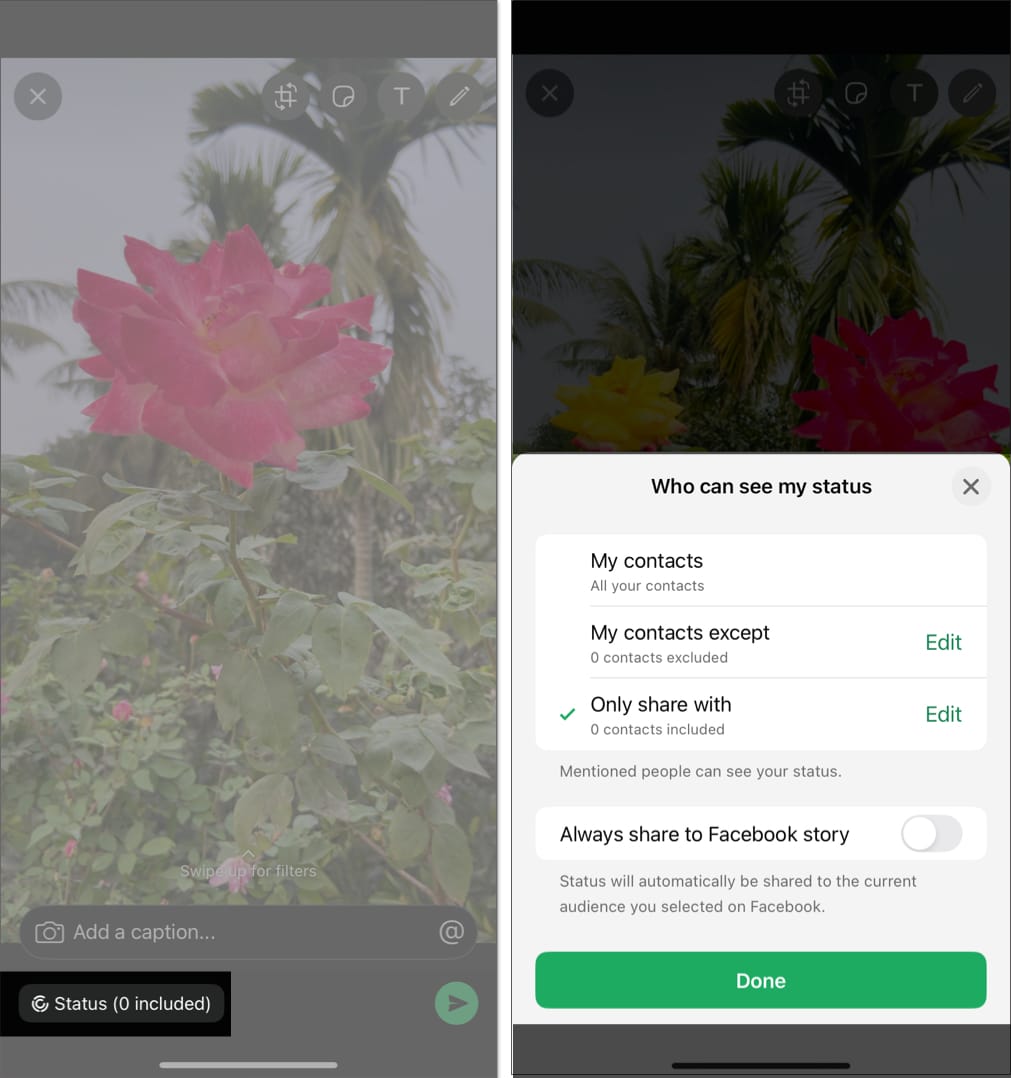 Changing WhatsApp status privacy on iPhone.
