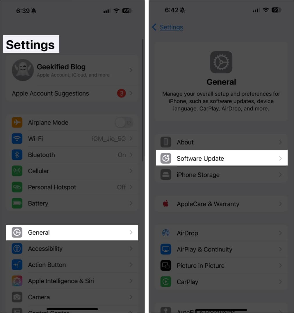 Checking available iOS updates in the Settings app on an iPhone.