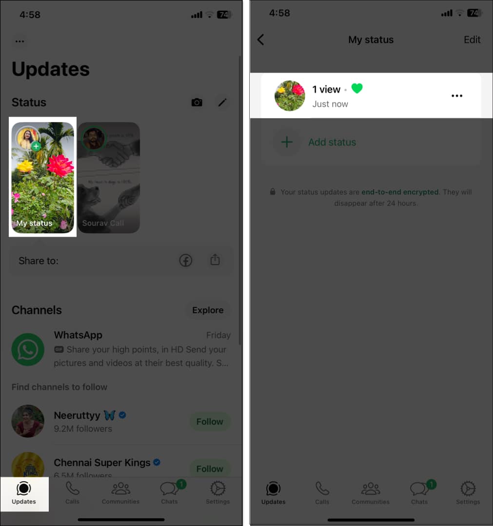 Checking views of WhatsApp status on iPhone.